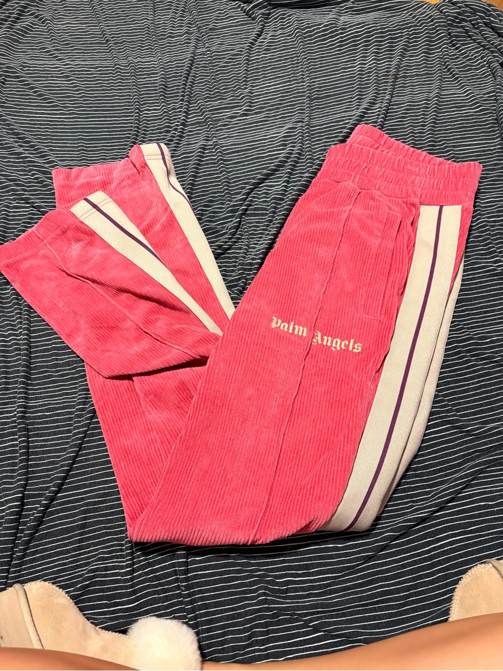 Palm Angels Pink Corduroy Joggers with Cream & Purple Side Stripes